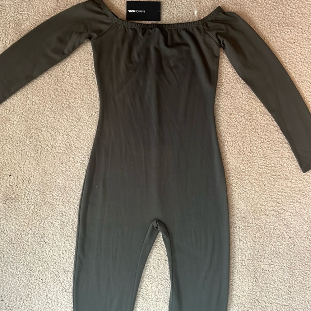 Fashion Nova olive green so I’ve heard off shoulder jumpsuit